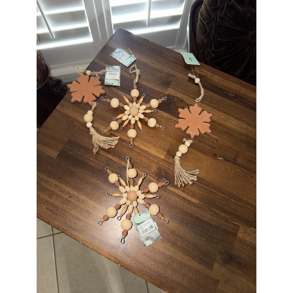 Terra cotta And Wooden snowflake ornament- lot of 4- St. Nicholas Square